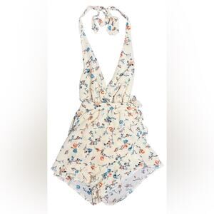 Floral Flower Romper Shortsie Halter Backless Tie-Waist